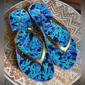 Lilly Pulitzer Blue & Gold Floral Print Pool Flip Flops Size 9/10 Women’s